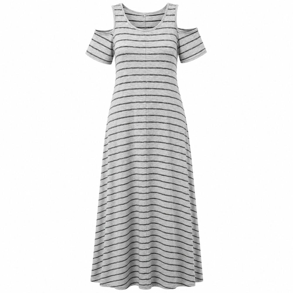 Soft Surroundings Electra Cold‎ Shoulder Dress Sz M Gray Stripe Coastal Nautical